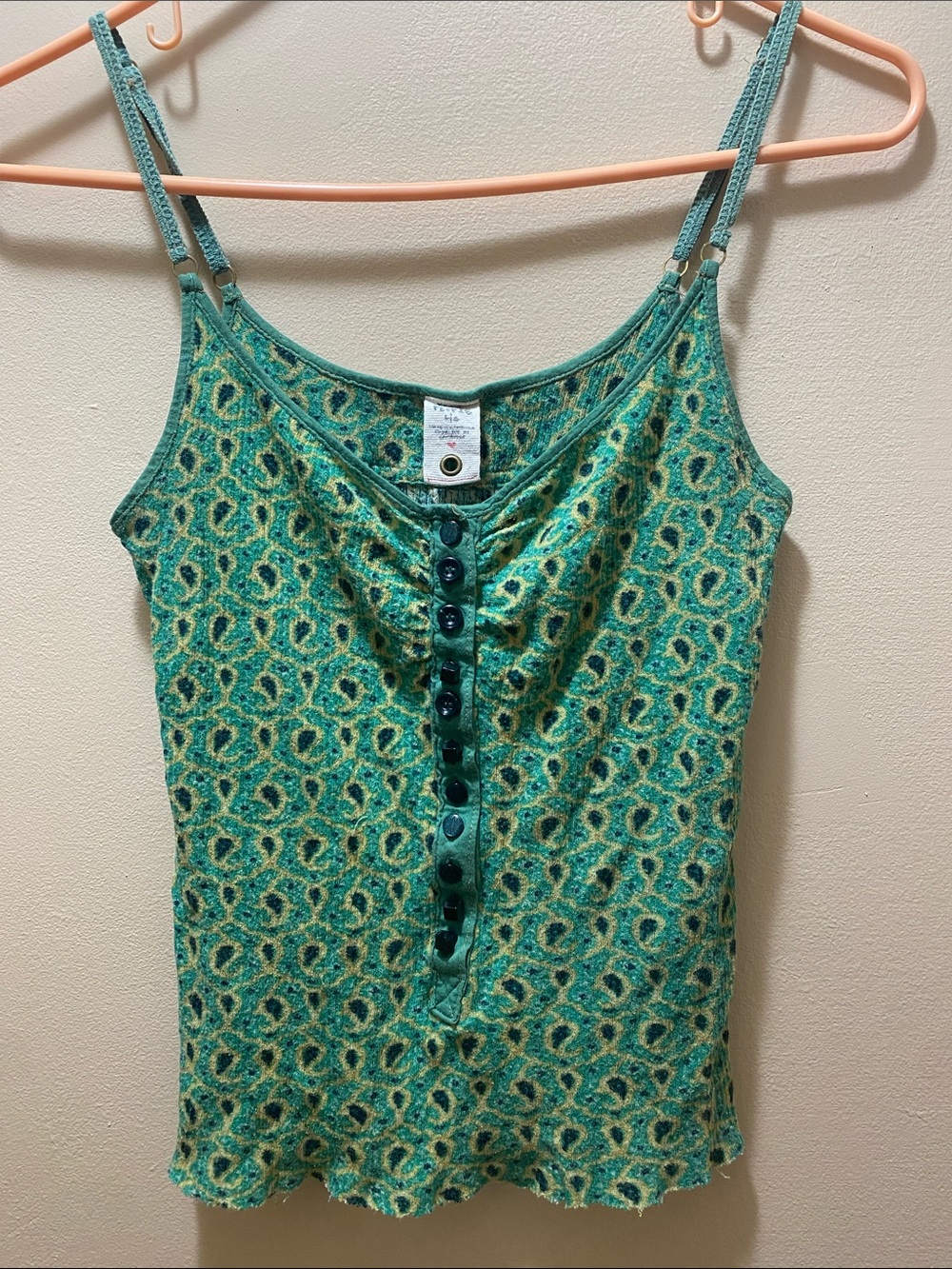 Free People Teal Green Patterned Button-Front Camisole-Large Layering Fairy